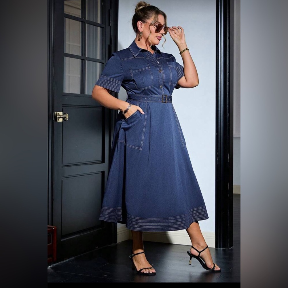 Chic Navy Midi Dress with Belt